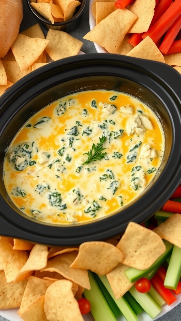 Crockpot filled with cheesy spinach artichoke dip, with dippers around it on a rustic table.
